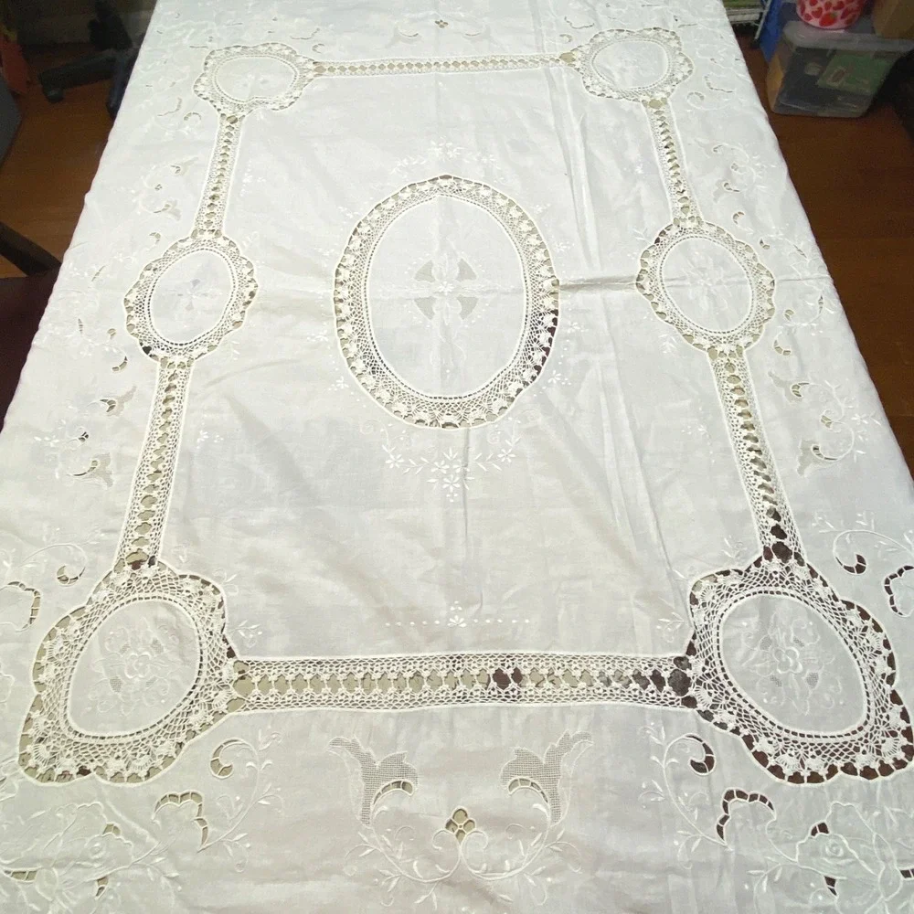 Vtg 80s Hand Made Beige Cotton Lace Embroidery Tablecloth Floral Cottagecore